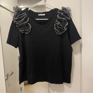 Crew Neck Ruffled Shoulder T-Shirt